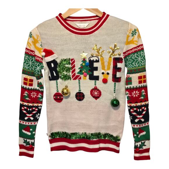 No Boundaries Ugly Christmas Sweater Womens Size Medium White Red Holiday Party - Picture 1 of 14